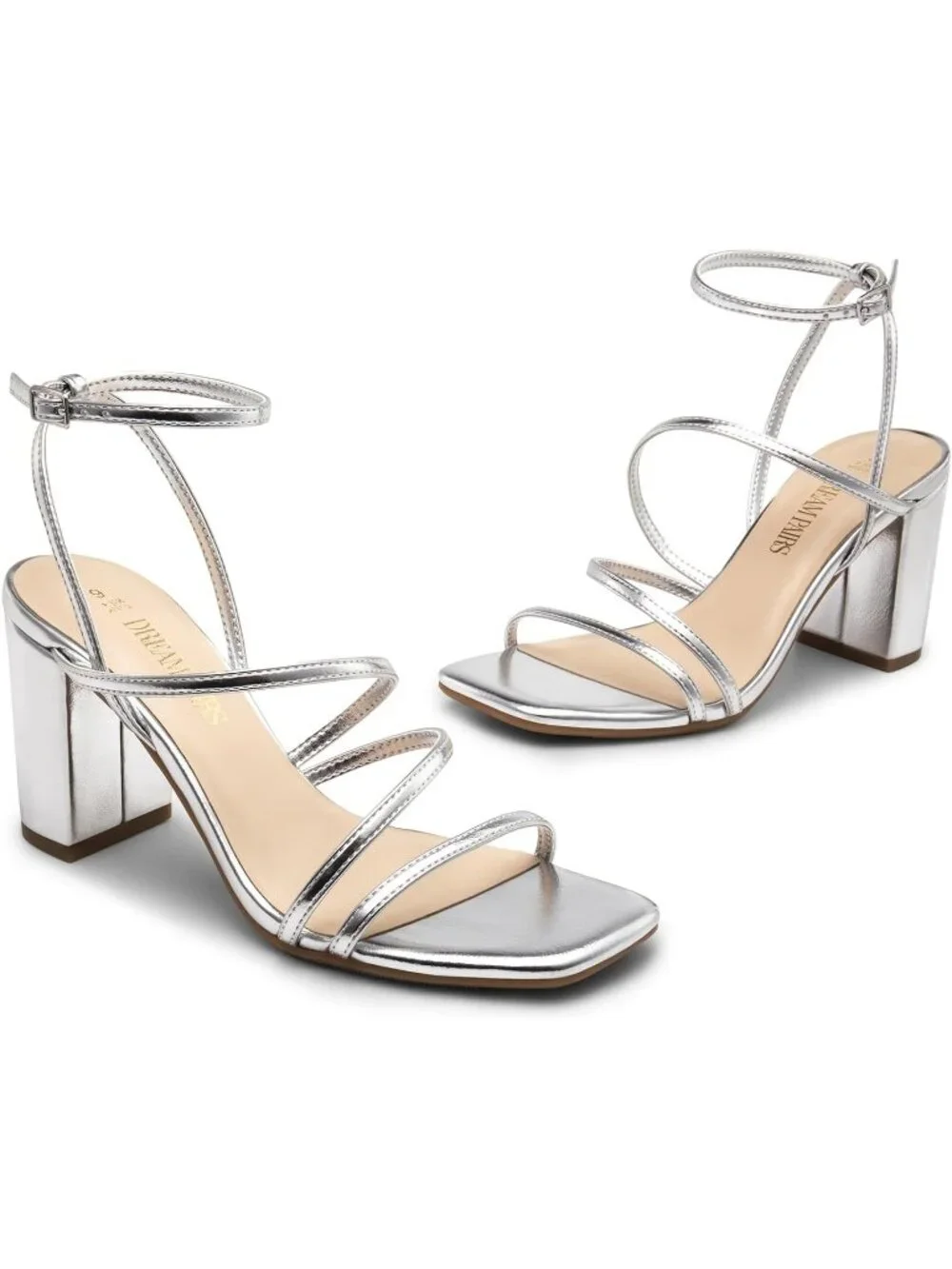Dream Pairs Women's Silver Pu Open Toe Sleek Straps Chunky Block Heel Sandals